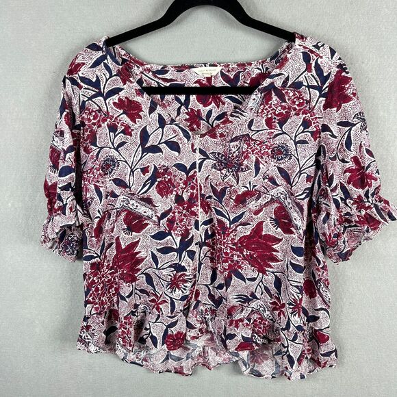 Lucky Brand Top Womens M Burgundy Blue  V Neck Short Sleeve Ruffles Pullover - Picture 1 of 7